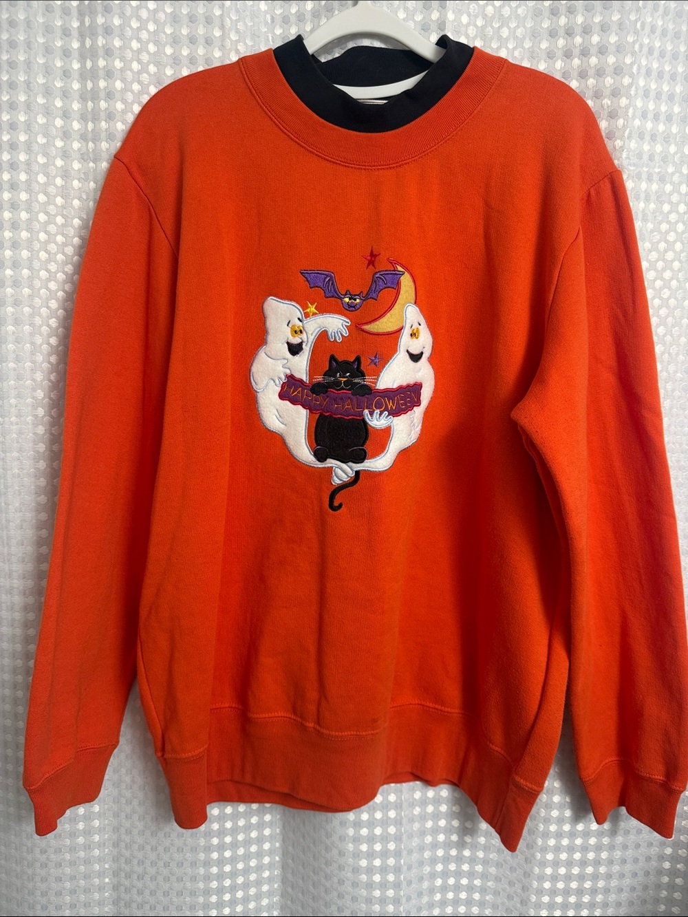Men's Orange Halloween Crewneck Sweatshirt with Embroidered Motif
